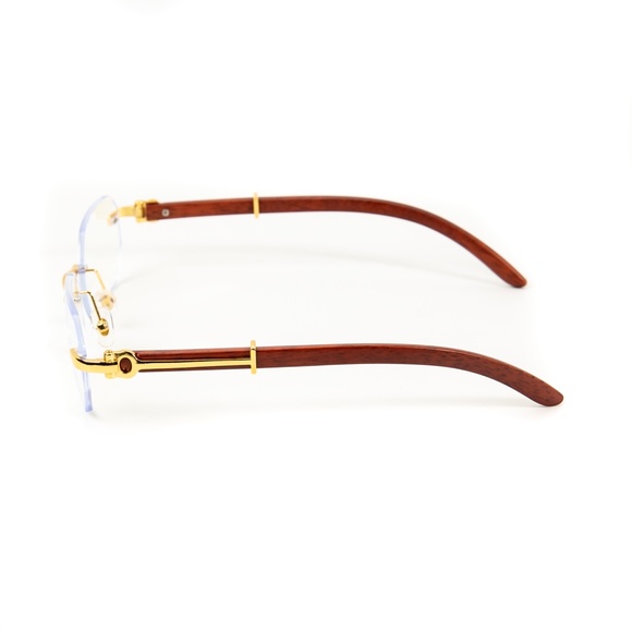 Men's Gold Frame Rimless Geometric Clear Lens Hip Hop Fashion Woodgrain Glasses - Picture 4 of 5